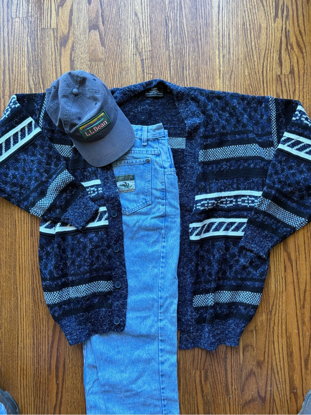 Sears Navy and Cream Patterned Men's Cardigan Sweater